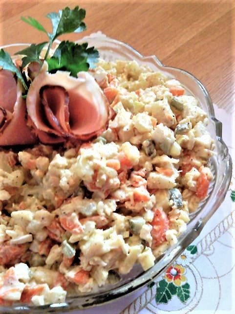 Traditional Polish Vegetable Salad with Hard-boiled Eggs and Mayonnaise